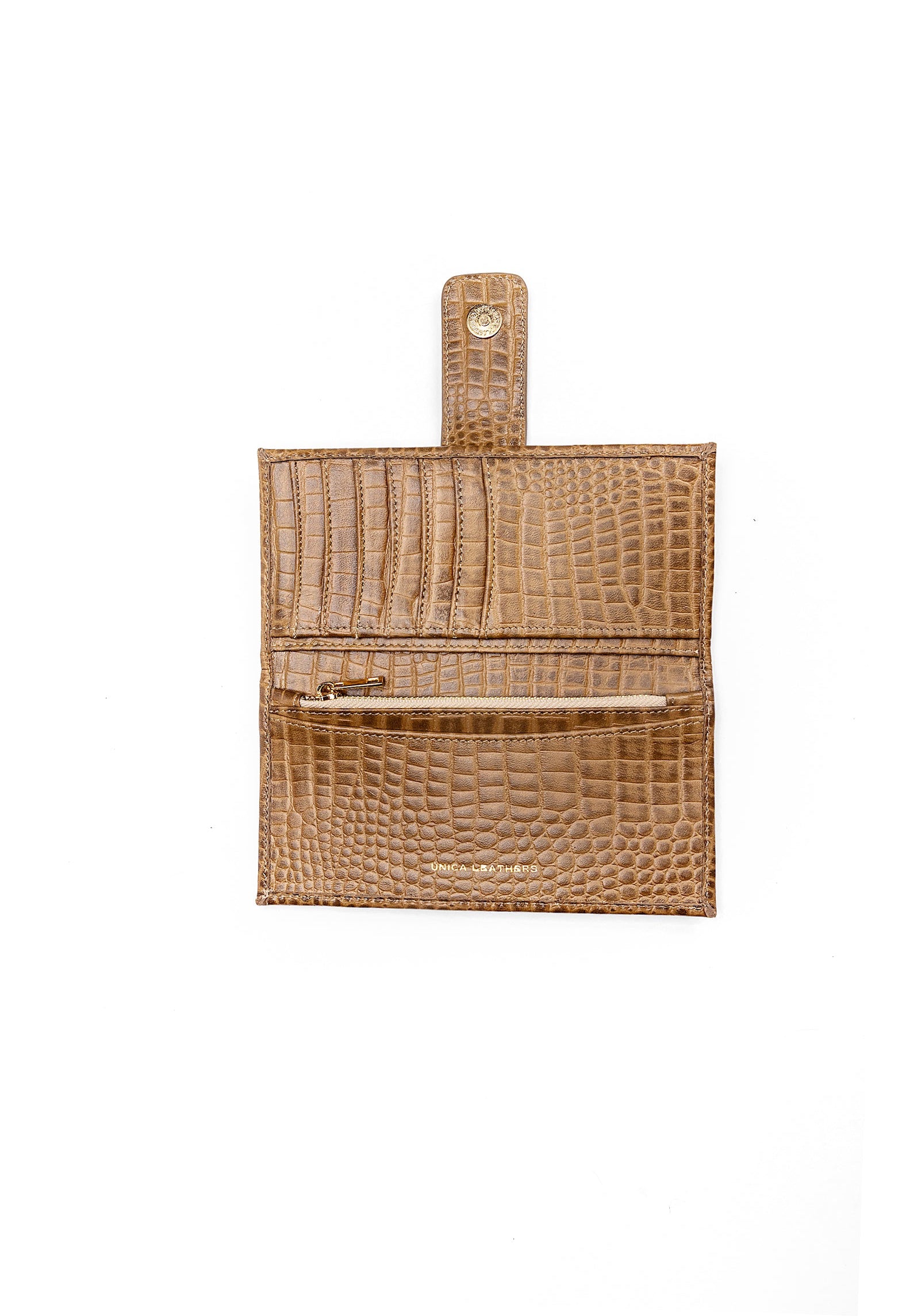Brown crocodile-patterned wallet on a white background